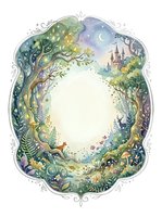 Watercolor enchanted forest frame with castle, moon, fox, deer, and glowing trees forming an oval copy space on white background.