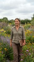 Senior Caucasian woman botanist holding notebook in wildflower meadow garden with purple and yellow blooms under cloudy sky for nature research and education.