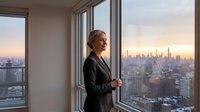 Professional businesswoman in suit looking out office window at city skyline during sunset, corporate success and leadership concept for workplace motivation.