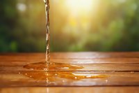 Stream of clear water pouring onto wooden surface creating circular ripples and splash effect, captured in warm sunlight with natural bokeh background.