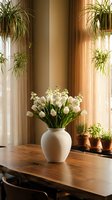 White tulips and flowers in ceramic vase on wooden table with hanging plants by sunny window creating warm natural home interior atmosphere.