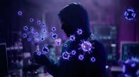 Young woman silhouette surrounded by glowing virus particles in purple neon light creating futuristic medical science concept for healthcare education.
