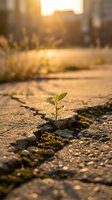 Small green plant seedling growing through crack in asphalt pavement at golden hour sunrise symbolizing resilience hope and new life breakthrough.
