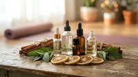 Essential oil dropper bottles with cinnamon sticks, dried citrus slices, and sage leaves on a rustic wooden table in a wellness setting.