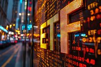 Digital stock market display board showing ETF prices with glowing numbers and bokeh city lights in background, reflecting modern financial trading.