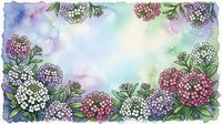 Watercolor floral frame with colorful hydrangea blooms and green leaves on soft pastel background for spring wedding invitations and greeting cards.