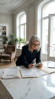 Mature blonde businesswoman in glasses reviewing documents at marble desk in elegant office with arched windows and plants.