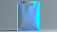Holographic iridescent shopping bag with gradient blue cyan colors and metallic finish isolated on gray background for retail branding and packaging design.