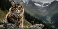 Majestic long-haired tabby cat sitting on rocky ledge with dramatic mountain landscape in background, perfect for nature and pet photography.