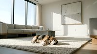 Modern minimalist living room interior with sleeping dog on textured area rug, featuring large windows, neutral sofa, and contemporary decor.