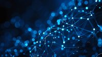 Glowing blue network connections with bokeh light effects on dark background create futuristic technology visualization for business and science concepts.