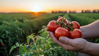Fresh ripe tomatoes in farmer hands at sunset over agricultural field. Organic farming harvest concept with golden hour lighting and green crops background.