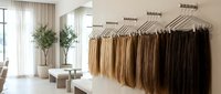 Modern minimalist hair extension salon interior with organized color-matched human hair samples displayed on wall-mounted racks in neutral tones.