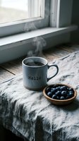 Steaming hot coffee in a ceramic mug beside fresh blueberries in a wooden bowl on a rustic windowsill with soft natural light.