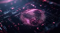 Digital security concept with glowing pink padlock formed by binary code and circuit lines on dark background, representing cybersecurity and data protection.