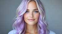 Young Caucasian woman with pastel purple wavy hair smiling at camera against gray background for beauty and fashion content.