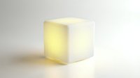 Glowing translucent cube with warm yellow light emission on white background, isolated design element for modern graphics and digital projects.