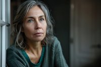 Mature woman with gray hair gazing thoughtfully out window, wearing green sweater and gray cardigan, conveying contemplation and solitude.
