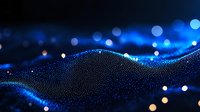Futuristic digital wave made of glowing blue particles with bokeh light effects on dark background, abstract technology visualization landscape.