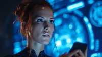 Young Caucasian woman with red hair looking at smartphone against futuristic blue technology background, portraying digital connectivity concept.