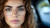 Young woman with wavy brown hair wearing round metal frame glasses gazes thoughtfully at camera, natural makeup and soft lighting create professional portrait.