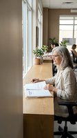 Senior woman with gray hair and glasses working at wooden desk by bright windows in modern office, reviewing documents with pen in hand, colleagues visible in background.