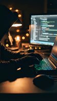 Software developer coding at night with multiple monitors displaying programming code in atmospheric lighting with warm bokeh background.