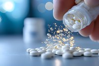White pills spilling from prescription bottle with magical sparkle effect, dramatic lighting on blue background creates pharmaceutical concept for healthcare and medicine.