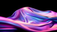 Vibrant holographic silk fabric with smooth flowing waves in neon pink, purple and blue colors against black background creates modern abstract design element.
