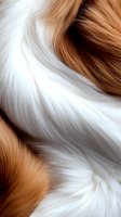 Close-up macro shot of brown and white animal fur texture showing soft, flowing strands and natural color contrast, suitable for backgrounds and textile designs.
