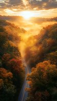 Dramatic aerial view of winding mountain road through autumn forest at golden sunset, with sunbeams piercing through morning fog and illuminating fall foliage.