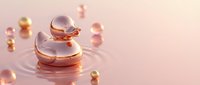 Elegant rose gold wedding rings floating on soft pink water surface with golden spheres creating romantic luxury jewelry concept for bridal ceremonies.