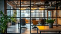 Modern open office space with glass partitions, wooden desk, potted plants and warm lighting creating contemporary workspace atmosphere for business design.