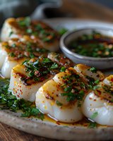Grilled scallops with herbs and spicy sauce on ceramic plate. Fresh seafood appetizer garnished with chopped parsley, chili flakes and olive oil. Gourmet restaurant dish.