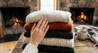 Cozy knitted sweaters stack with woman's hand touching soft wool garments by warm fireplace creating hygge atmosphere for autumn winter fashion.
