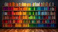 Colorful rainbow bookshelf with organized books arranged by color spectrum from red to purple on wooden floor for library and education concepts.
