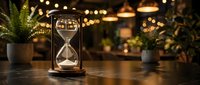 Elegant hourglass timer on wooden table in cozy cafe with warm bokeh lights and green plants creating atmospheric business or time management concept.