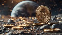 Golden cryptocurrency coin on rocky surface with planet Earth and bokeh lights in background, dramatic lighting creates futuristic financial atmosphere.