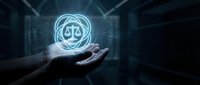 Digital justice concept with glowing scales of law hologram floating above businessman hand in futuristic technology environment for legal services.