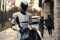 Futuristic humanoid robot carrying garbage bag on suburban street with people walking in background during golden hour lighting for environmental themes.