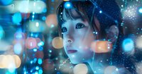 Young Asian woman gazing through window with dreamy expression amid blue bokeh lights and snowfall creating magical winter atmosphere, side profile portrait.