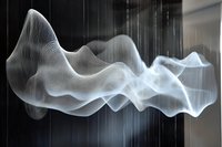 Abstract flowing white mesh sculpture with undulating waves against dark background, creating ethereal light and shadow interplay.