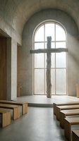 Minimalist chapel interior featuring weathered wooden cross silhouetted against large arched window with natural light, concrete walls, wooden benches, and serene spiritual atmosphere for worship and meditation spaces.