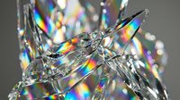 Transparent crystal structure with rainbow light refraction and prismatic effects on neutral background, suitable for abstract backgrounds and design overlays.