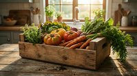 Fresh organic vegetables and herbs in rustic wooden crate on kitchen counter. Healthy farm-to-table produce including tomatoes, carrots and greens.