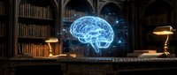 Glowing blue holographic brain floating above antique wooden desk in classic library with vintage books and banker lamps for neuroscience research concepts.