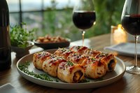 Savory stuffed pastry rolls garnished with herbs and sauce on ceramic plate, served with red wine glasses in romantic restaurant setting with candlelight.