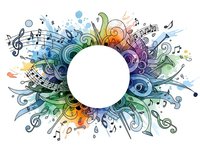 Colorful musical notes and swirls frame white circle space. Rainbow watercolor splashes with treble clef symbols create artistic border for text or logo placement.