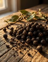 Black peppercorns pile on rustic wooden table with bay leaves in warm sunlight, aromatic spice concept for culinary and food photography.
