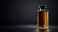 Elegant glass perfume bottle with amber liquid on dark background with dramatic lighting and reflection, luxury fragrance photography for cosmetic advertising.
